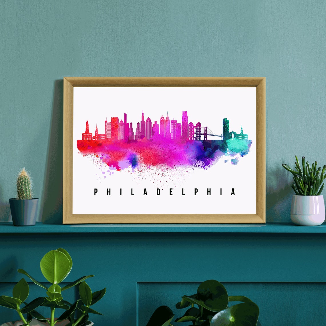 Philadelphia Pennsylvania Pink Purple Watercolor Skyline Art Poster - Image 3