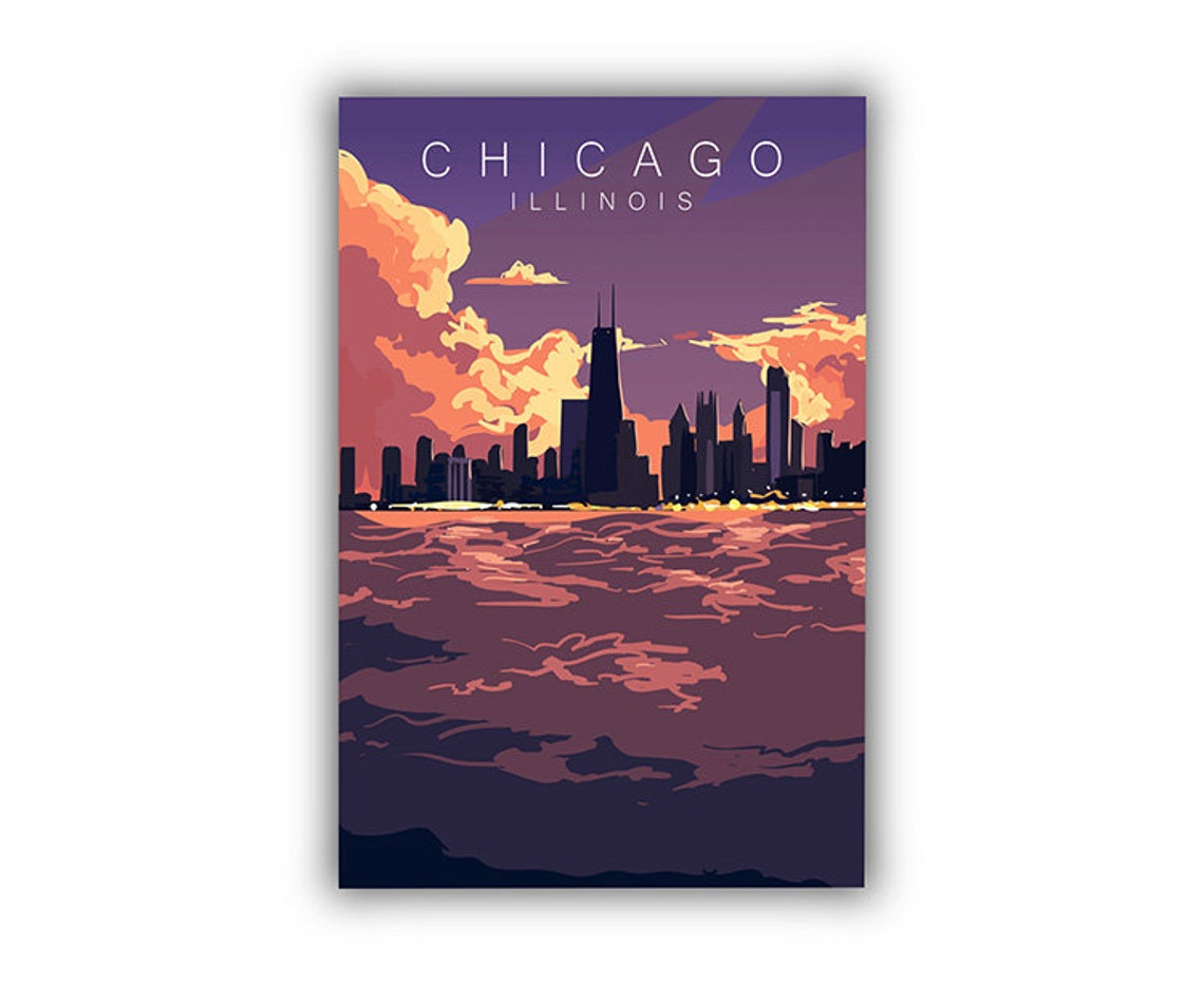 Chicago Illinois Retro Vintage Travel Sunset Skyline Waterfront Poster - Image 2