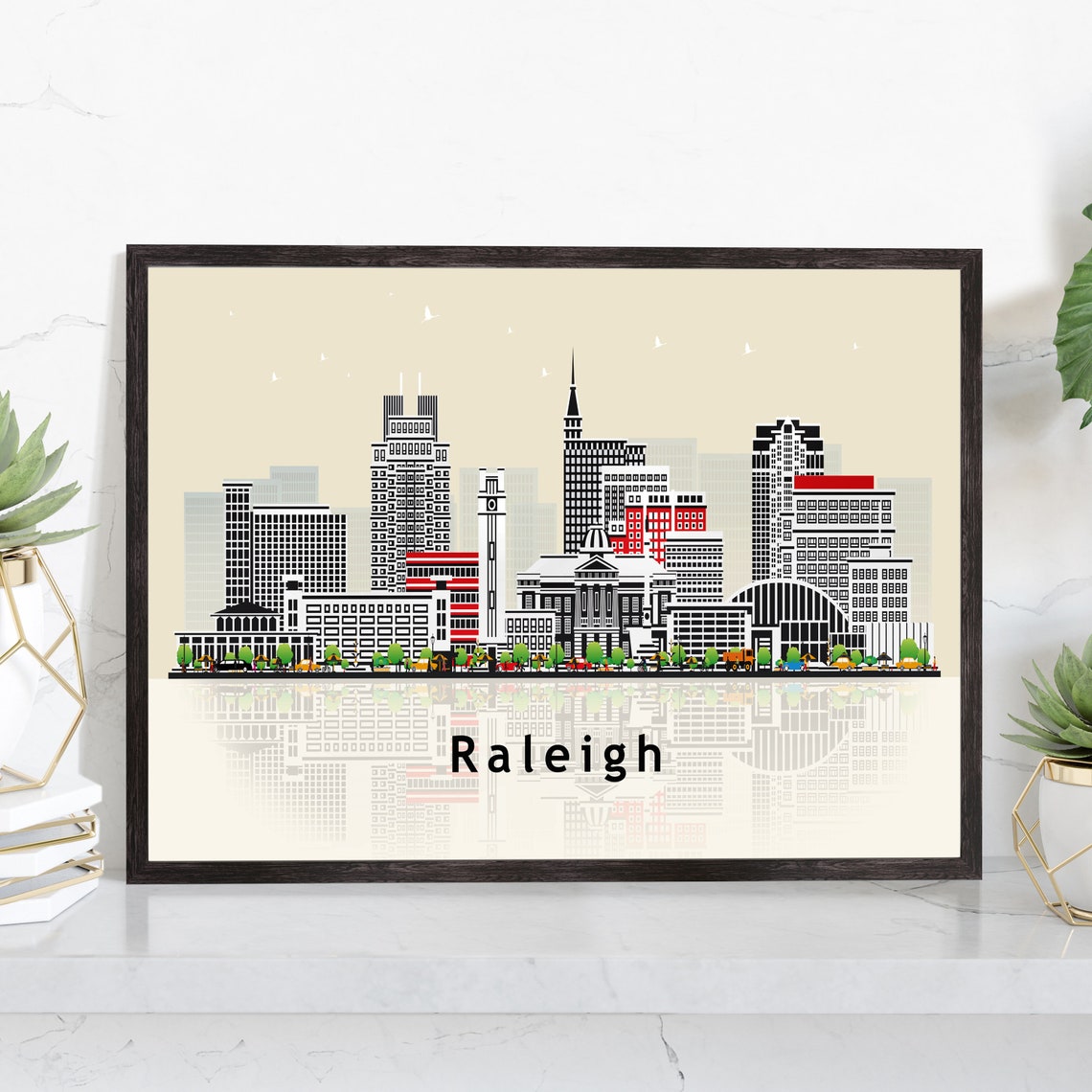 Raleigh North Carolina Downtown Skyline Illustration Reflection Poster
