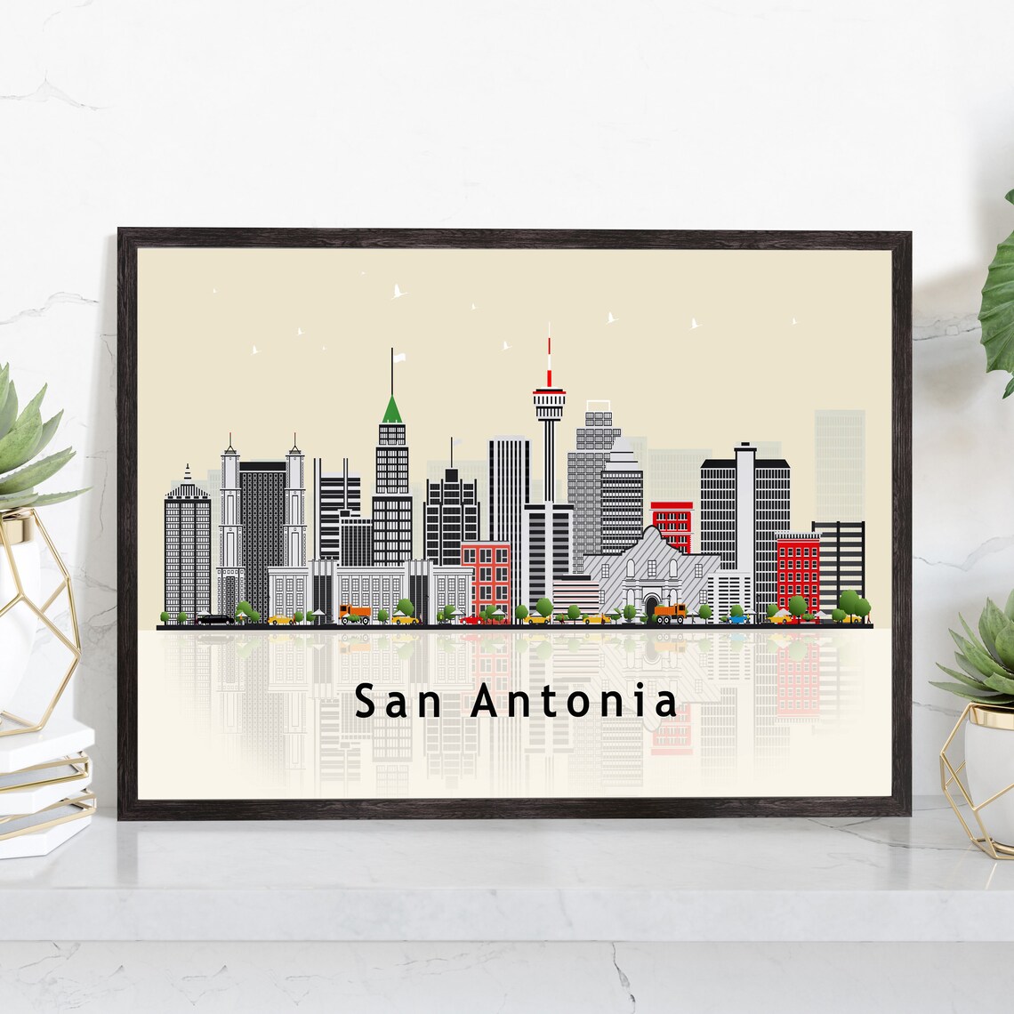 San Antonio Texas Tower Of The Americas Alamo Skyline Travel Poster