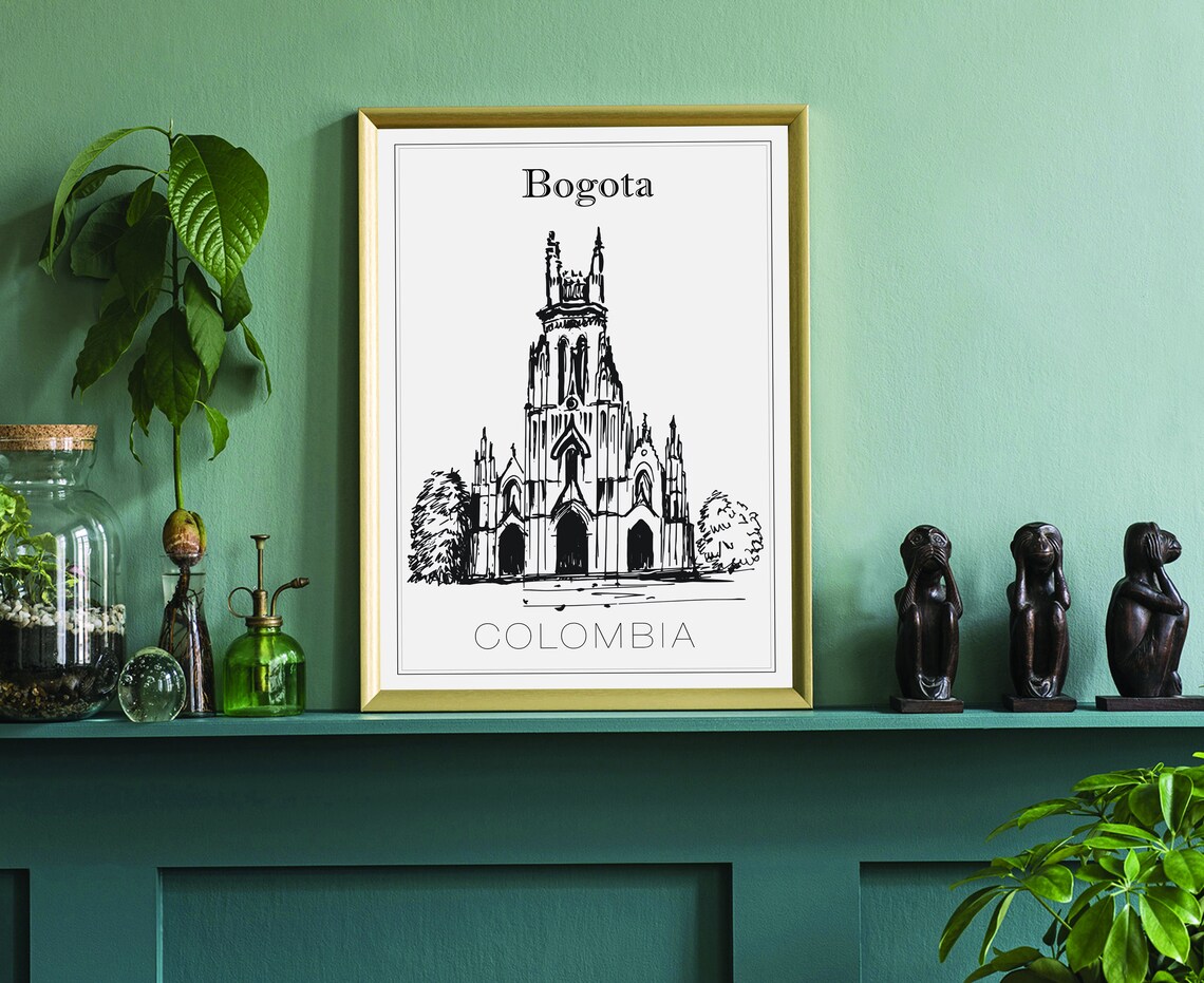 Bogota Colombia Neo Gothic Church Hand Drawn Ink Sketch Travel Poster - Image 3