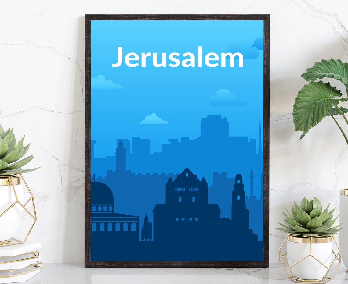 Jerusalem Israel Dome Old City Skyline Blue Minimalist Travel Poster