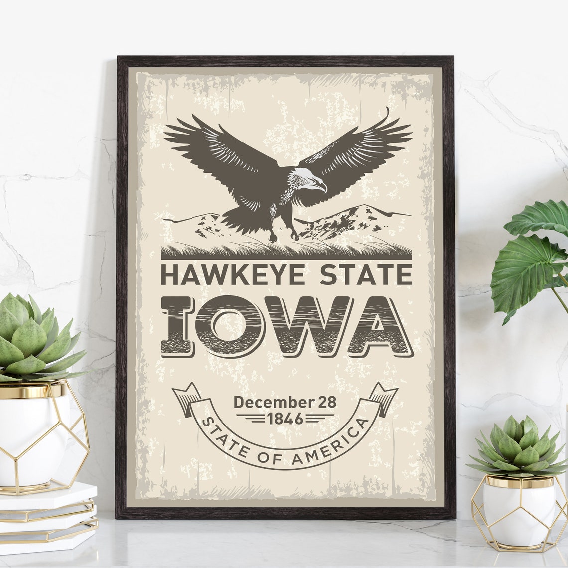 Iowa Hawkeye State Retro Vintage Eagle Statehood Travel Wall Poster
