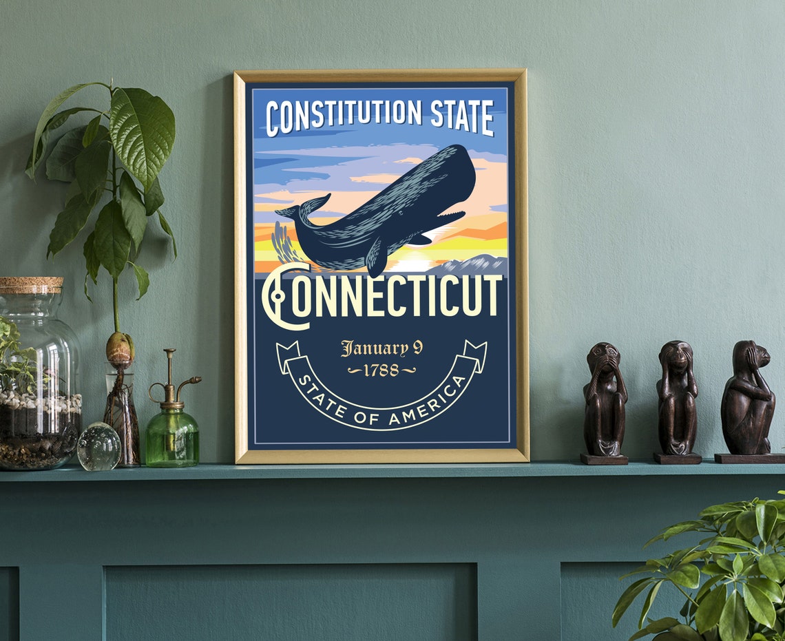 Connecticut Constitution State Whale Sunset Retro Emblem Travel Poster - Image 2