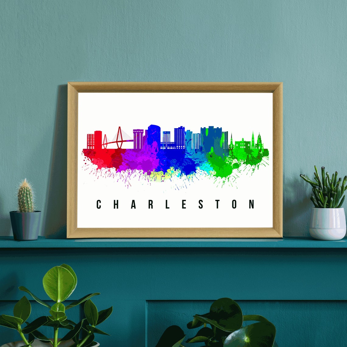 Charleston South Carolina Rainbow Watercolor Bridge Skyline Poster - Image 3
