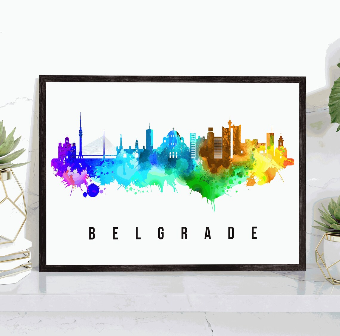 Belgrade Serbia Rainbow Watercolor Skyline Cityscape Art Poster
