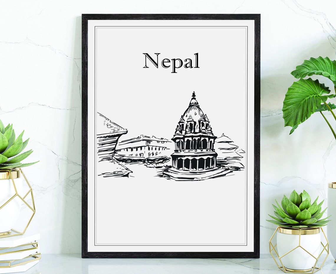 Nepal Hand Drawn Black White Temple Landmark Sketch Art Poster