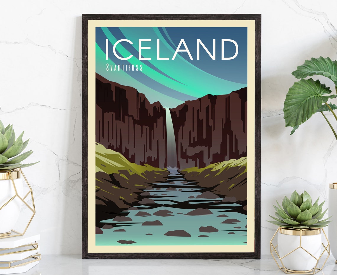 Iceland Svartifoss Black Waterfall Canyon Retro Style Travel Poster