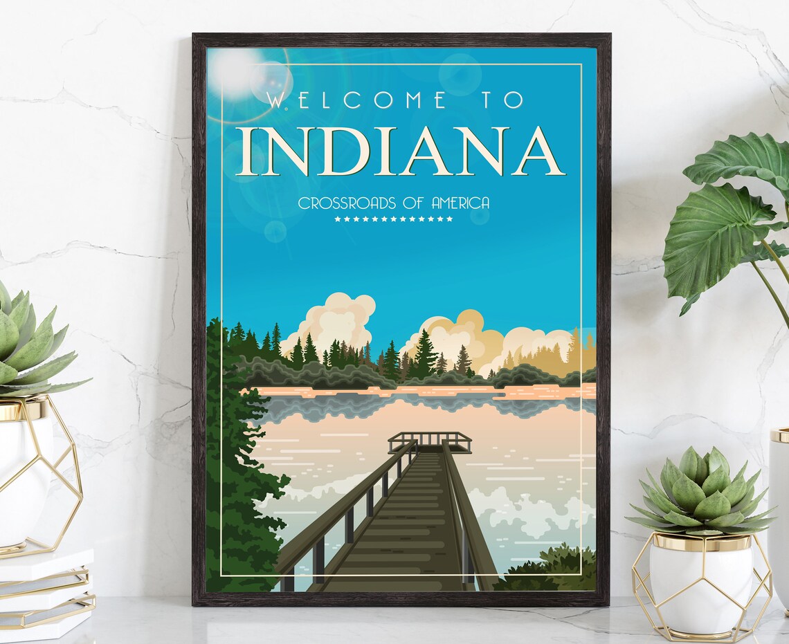Indiana Crossroads Of America Retro Lake Dock Sunset Travel Poster