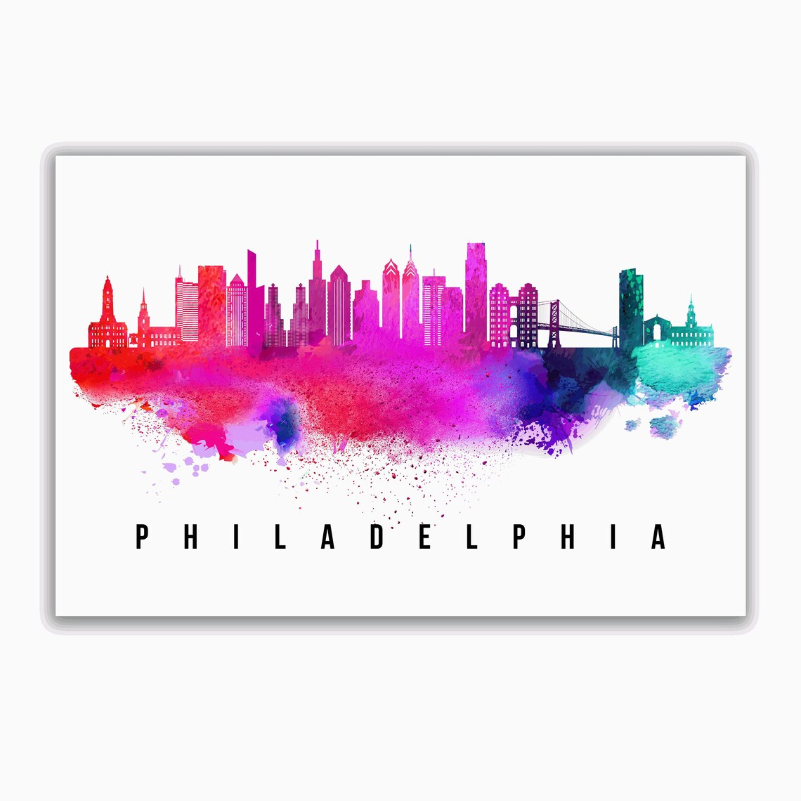 Philadelphia Pennsylvania Pink Purple Watercolor Skyline Art Poster - Image 2