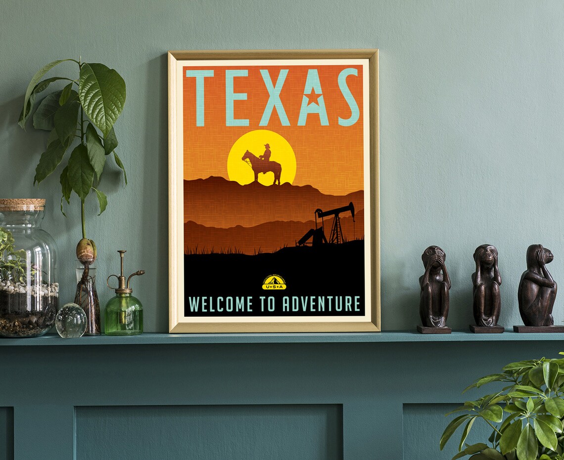Texas Cowboy Sunset Silhouette Oil Field Retro Adventure Travel Poster - Image 3