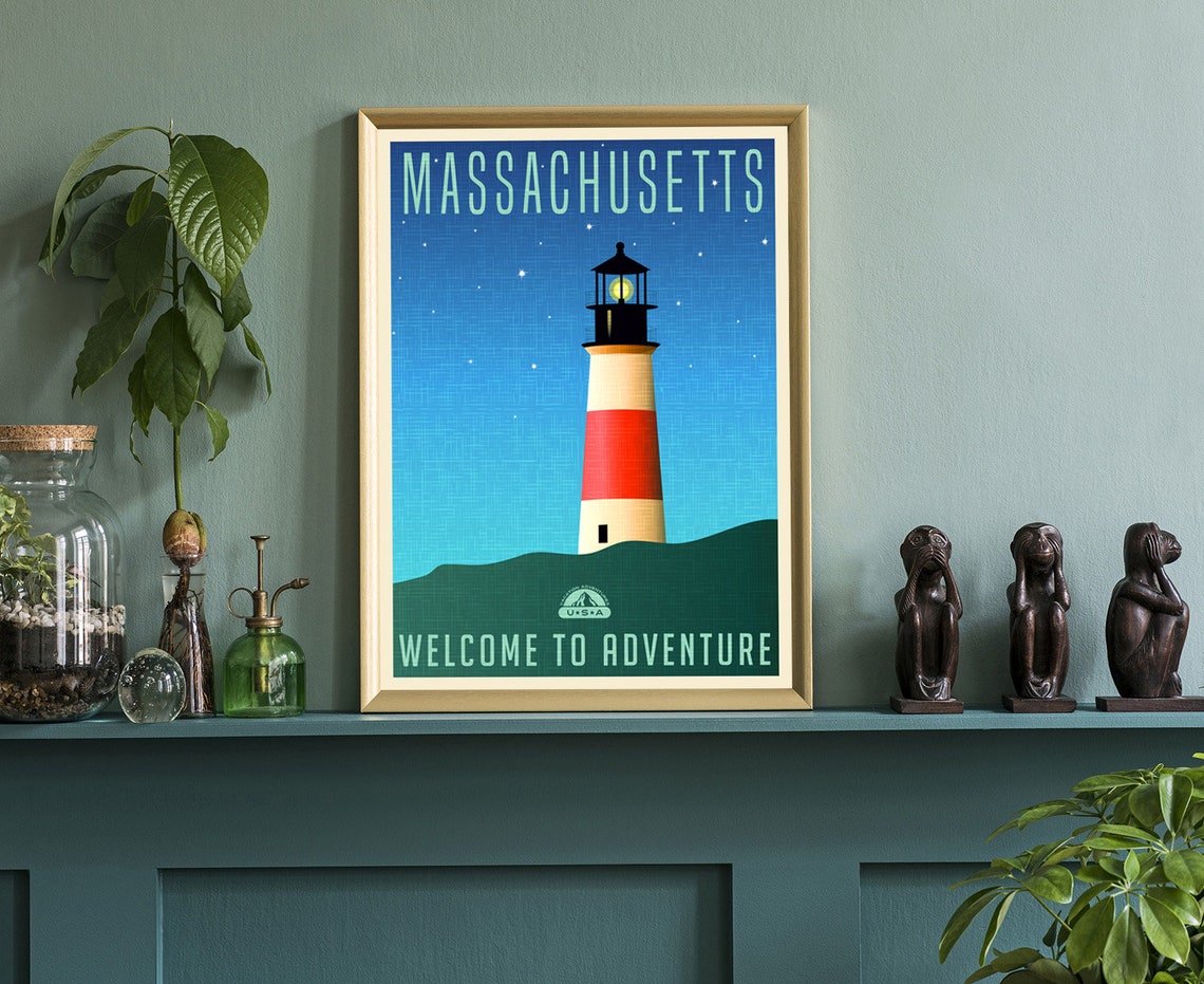Massachusetts Lighthouse Night Sky Retro Coast Travel Poster - Image 3