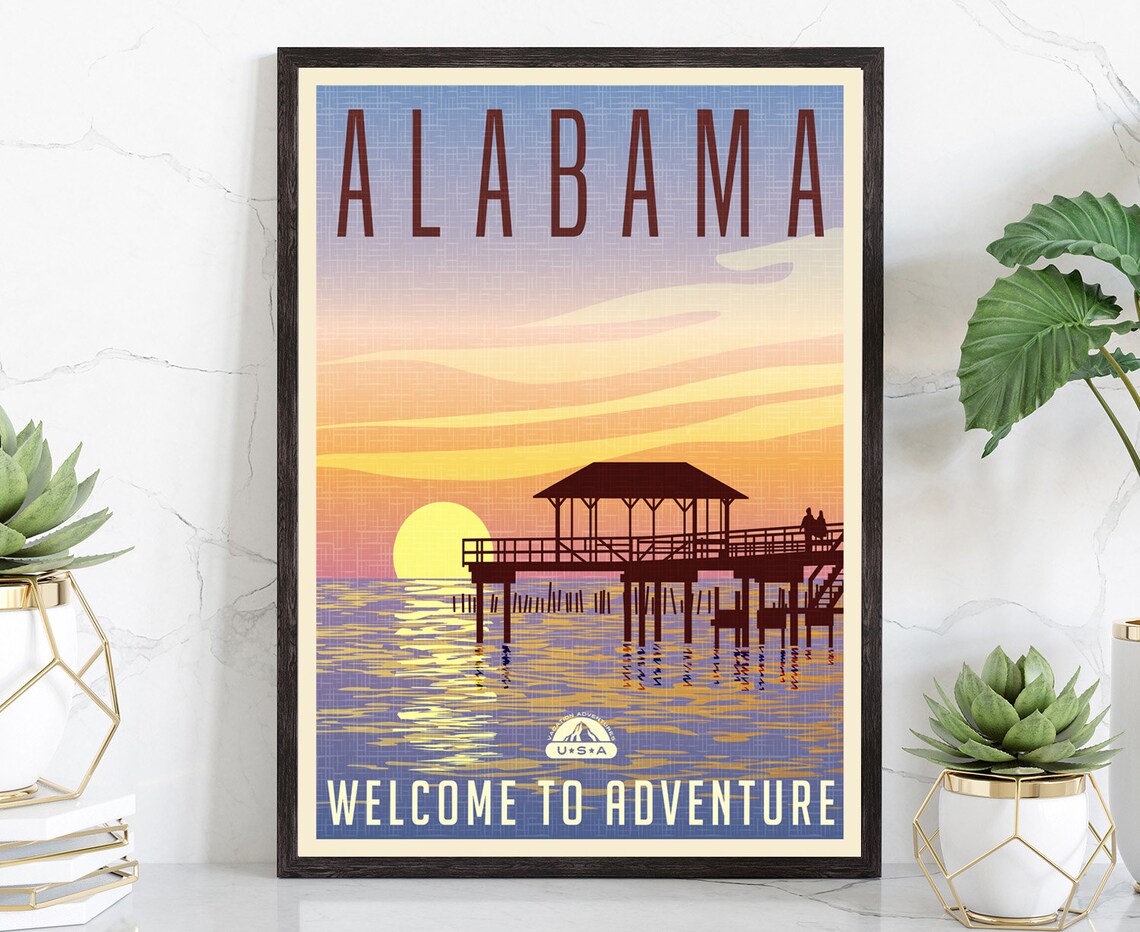 Alabama Gulf Coast Pier Sunset Retro Vintage Travel Wall Art Poster
