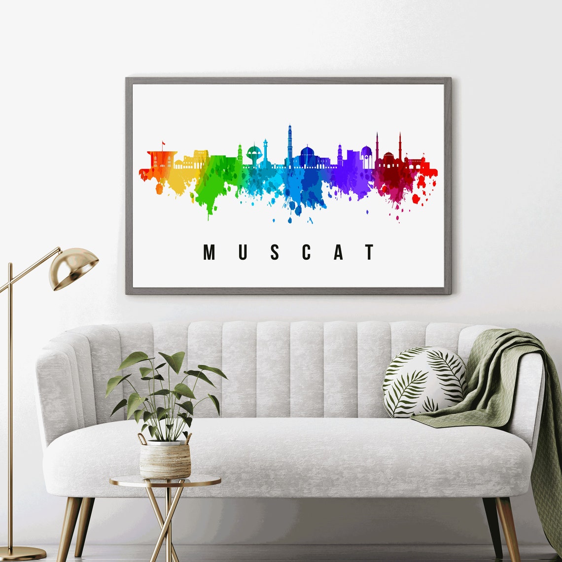 Muscat Oman Mosque Domes Rainbow Watercolor Skyline Travel Poster - Image 4