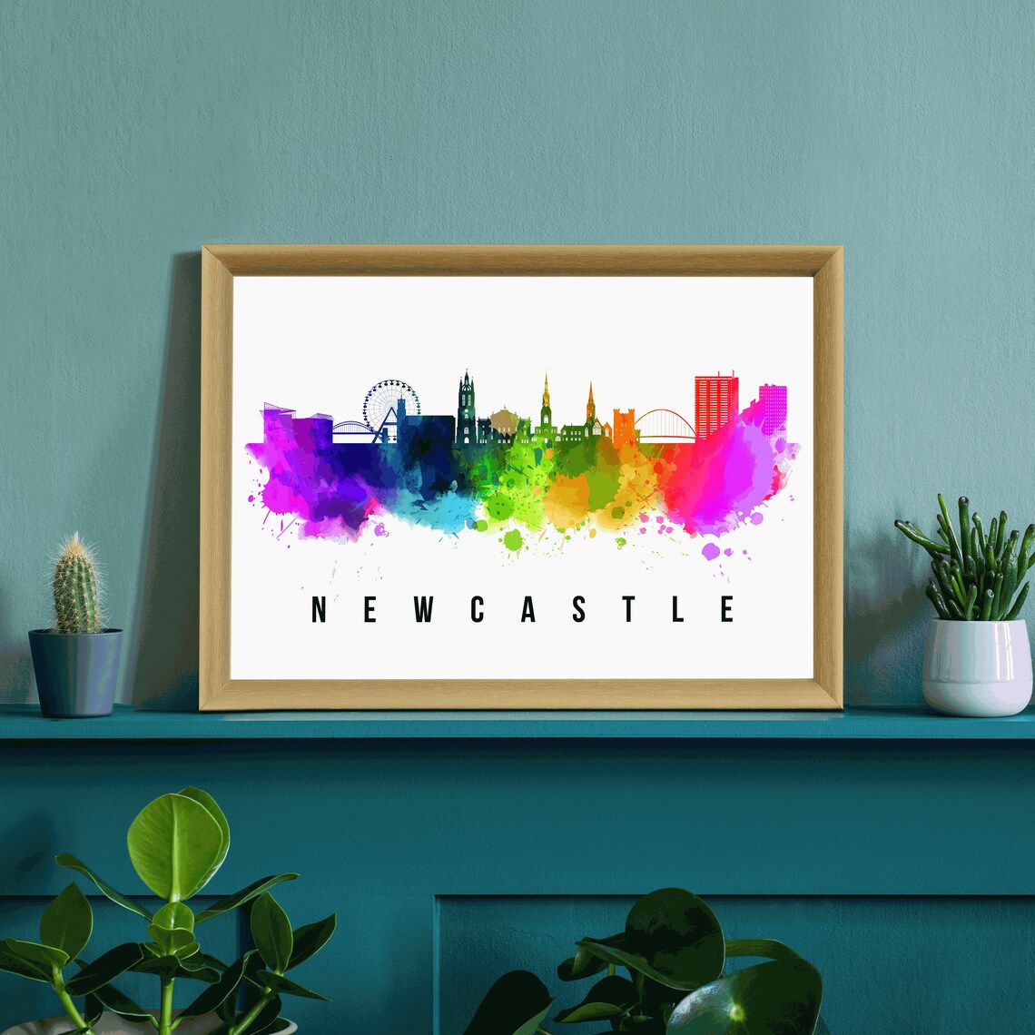 Newcastle England Rainbow Watercolor Skyline Silhouette Art Poster - Image 3