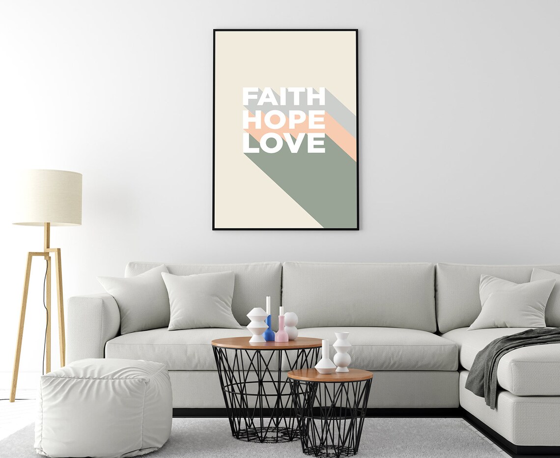 Faith Hope Love Long Shadow Typography Poster Sage Cream Print - Image 4