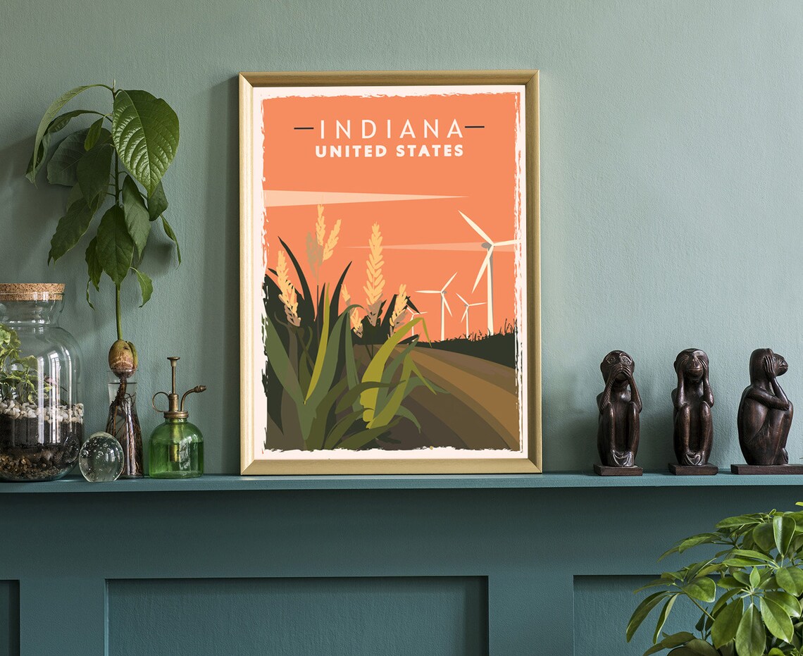 Indiana United States Sunset Wheat Field Wind Turbines Travel Poster - Image 3