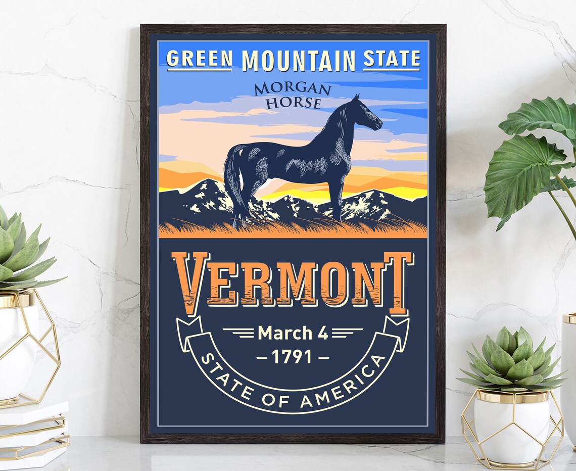 Vermont Green Mountain State Morgan Horse Sunset Vintage Retro Poster