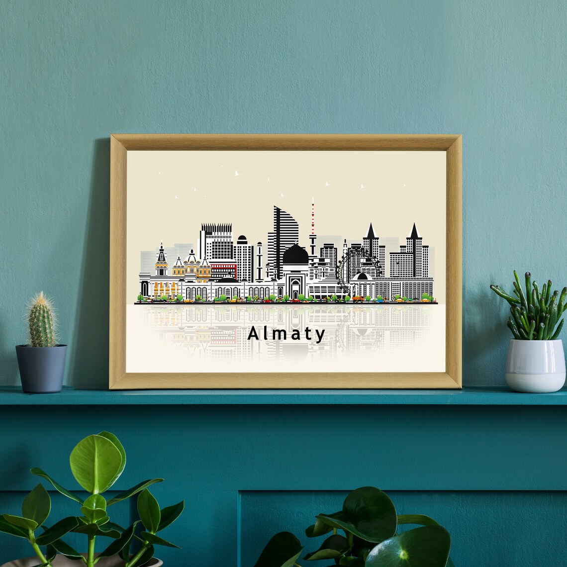 Almaty Kazakhstan Ascension Cathedral Flat Skyline Travel Poster - Image 3