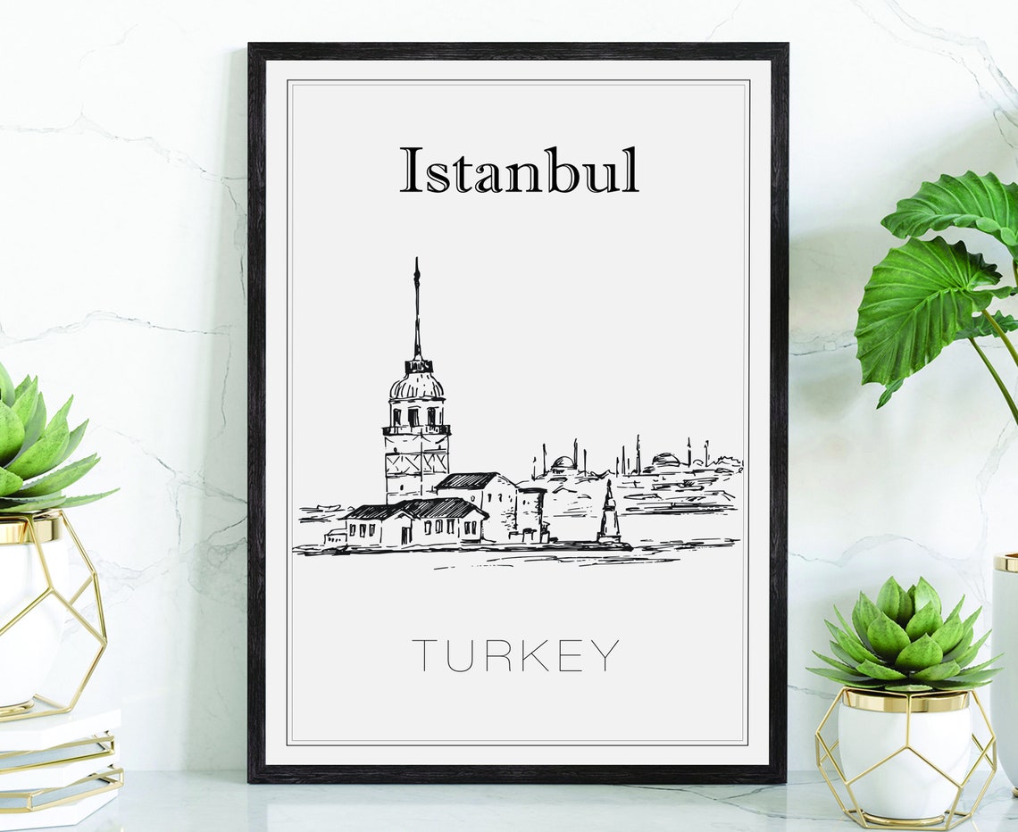 Istanbul Turkey Maiden's Tower Bosphorus Hand Drawn Sketch Poster