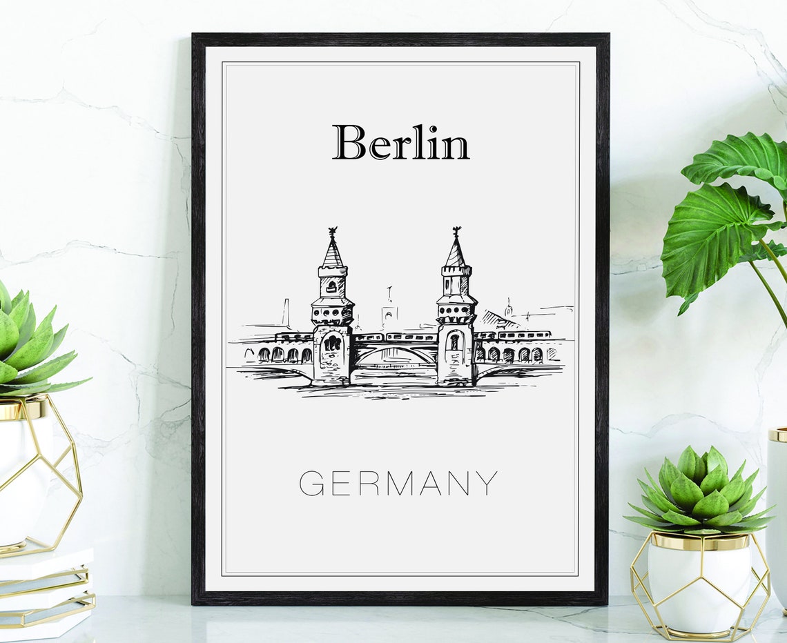 Berlin Germany Oberbaum Bridge Twin Towers Hand Drawn Sketch Poster