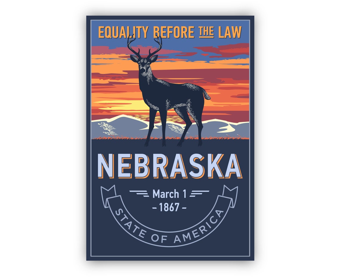 Nebraska Equality Before The Law Retro Deer Sunset State Emblem Poster - Image 2
