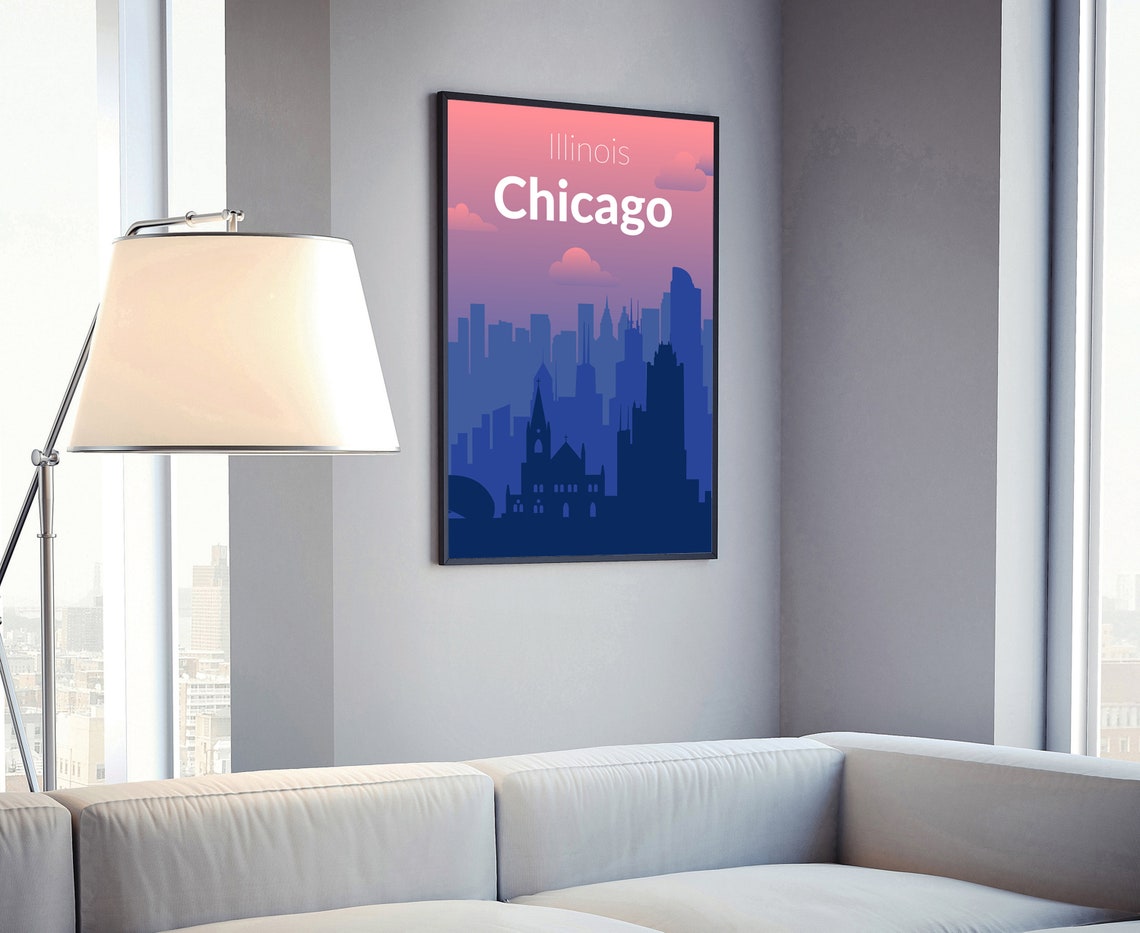 Chicago Illinois Sunset Skyline Silhouette Solid Color City Poster - Image 4
