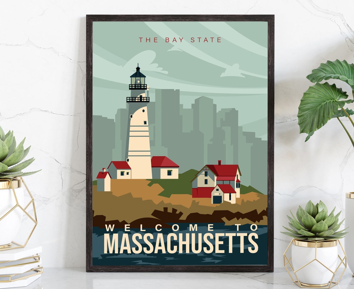 Massachusetts Lighthouse Bay State Coast Retro Vintage Travel Poster