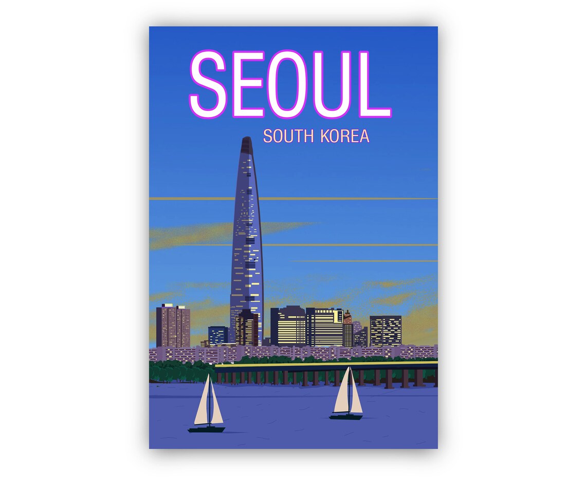 Seoul South Korea Lotte Tower Night Skyline Han River Travel Poster - Image 2
