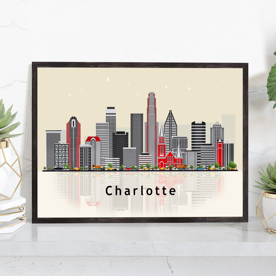 Charlotte North Carolina Skyline Illustration Downtown Towers Wall Art
