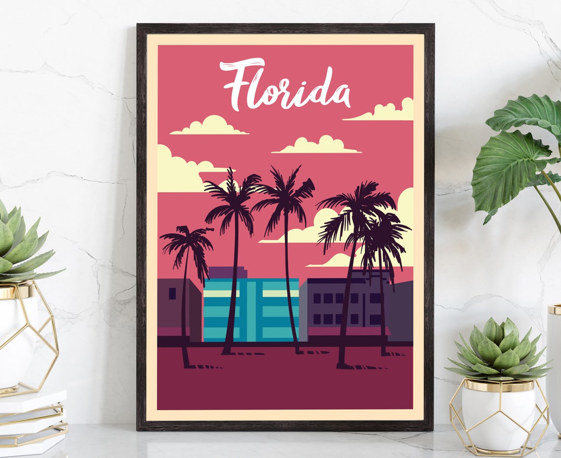 Florida Retro Pink Sky Palm Trees Beachfront Vintage Travel Poster