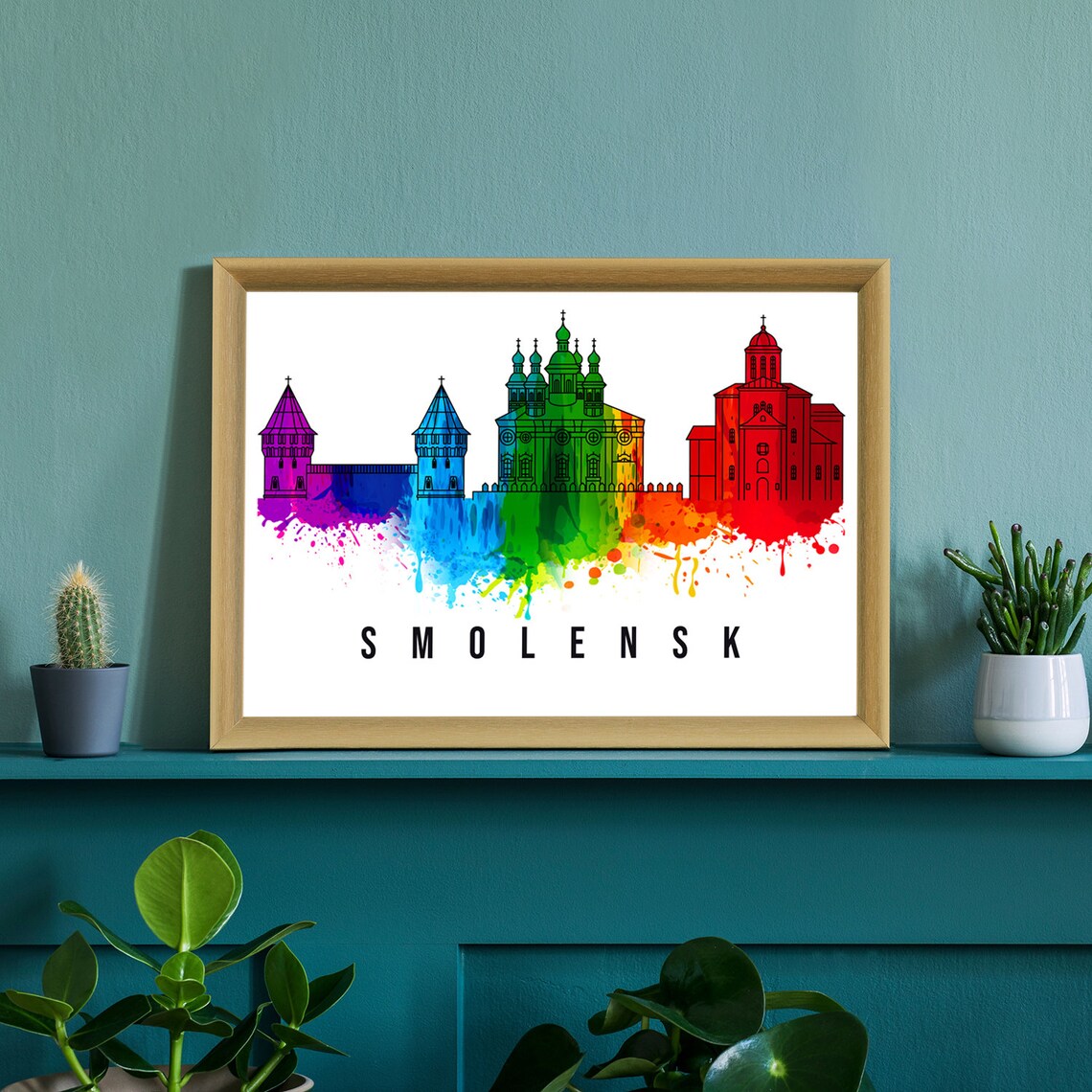Smolensk Russia Rainbow Watercolor Skyline Fortress Cathedral Poster - Image 2