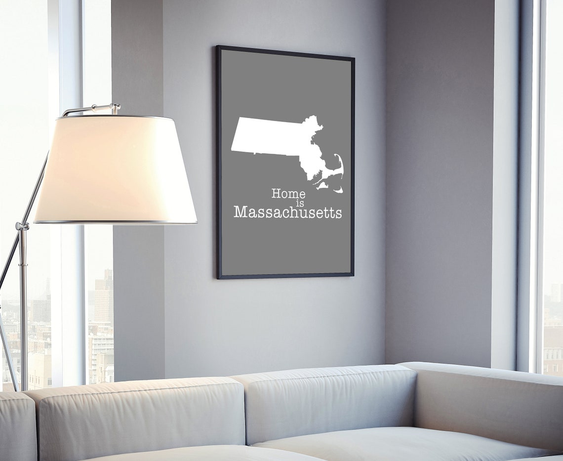 Massachusetts Home Is Gray Minimalist State Map Silhouette Wall Art - Image 4