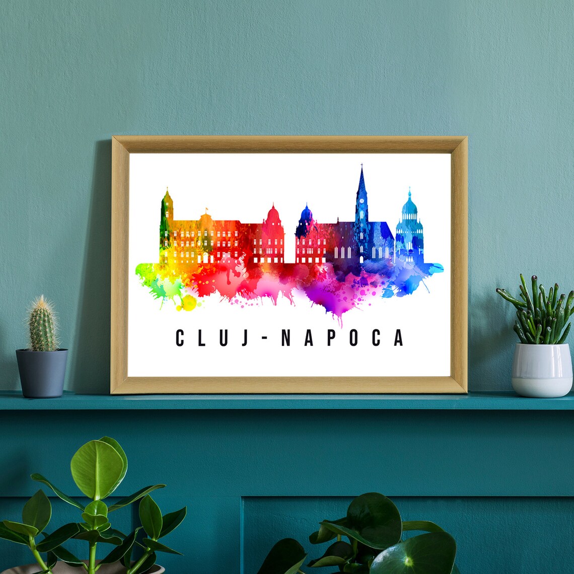 Cluj Napoca Romania Rainbow Watercolor Skyline Historic Poster - Image 2
