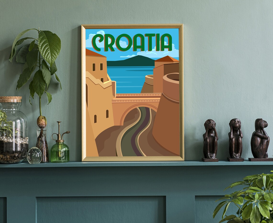 Croatia Historic Walled City Bridge Sea View Retro Travel Poster - Image 3