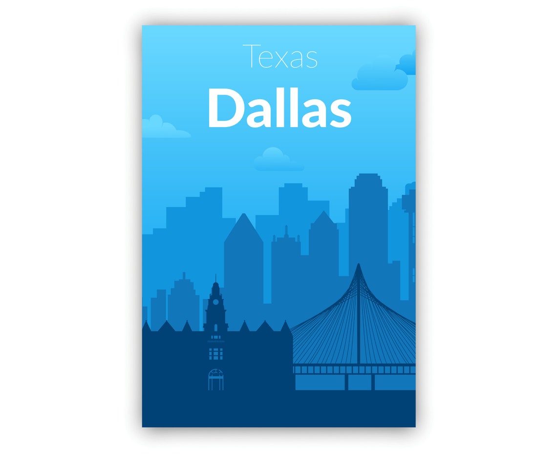Dallas Texas Bright Blue Daytime Skyline Bridge Gradient City Poster - Image 2
