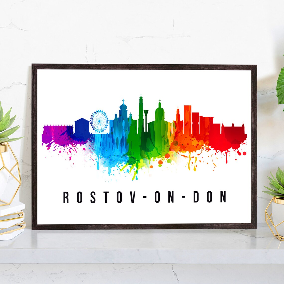 Rostov On Don Russia Rainbow Watercolor Skyline Ferris Wheel Poster