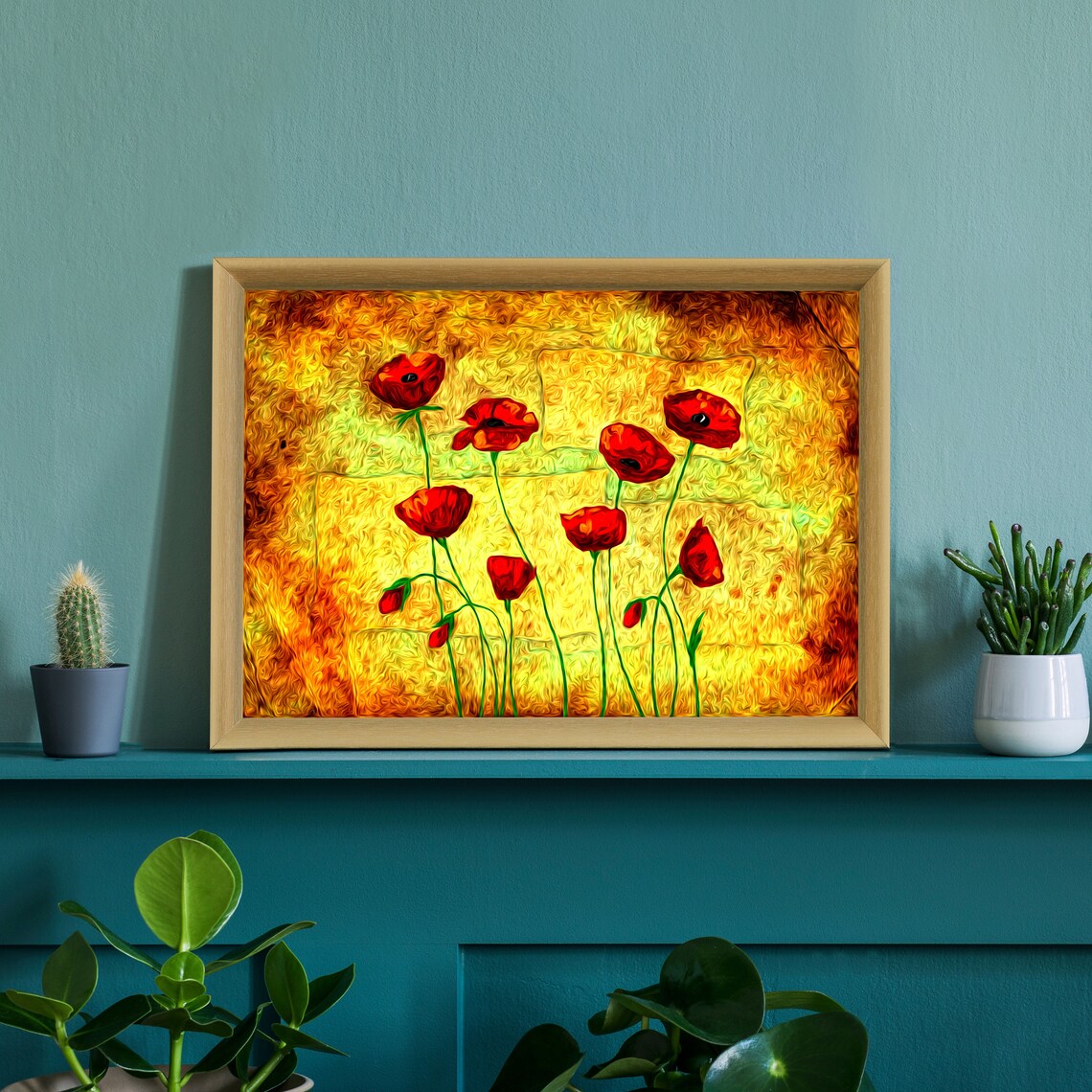 Vivid Red Poppies Golden Swirl Background Modern Floral Wall Art - Image 3
