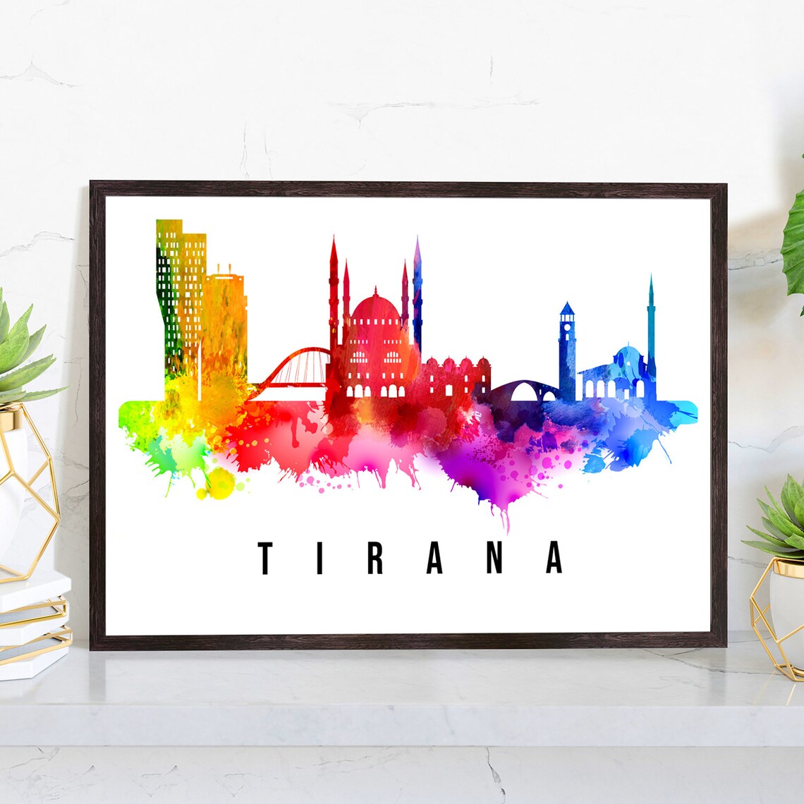 Tirana Albania Rainbow Watercolor Skyline Mosque Bridge Art Poster