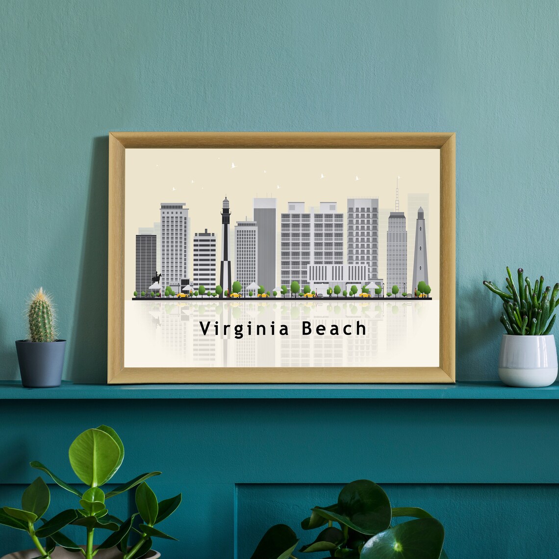 Virginia Beach Coastline Skyline Illustration With Lighthouse Reflection Poster - Image 2