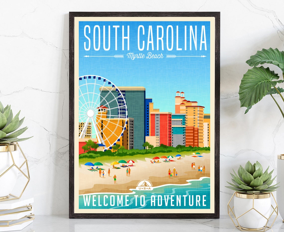 South Carolina Myrtle Beach Ferris Wheel Vintage Travel Poster