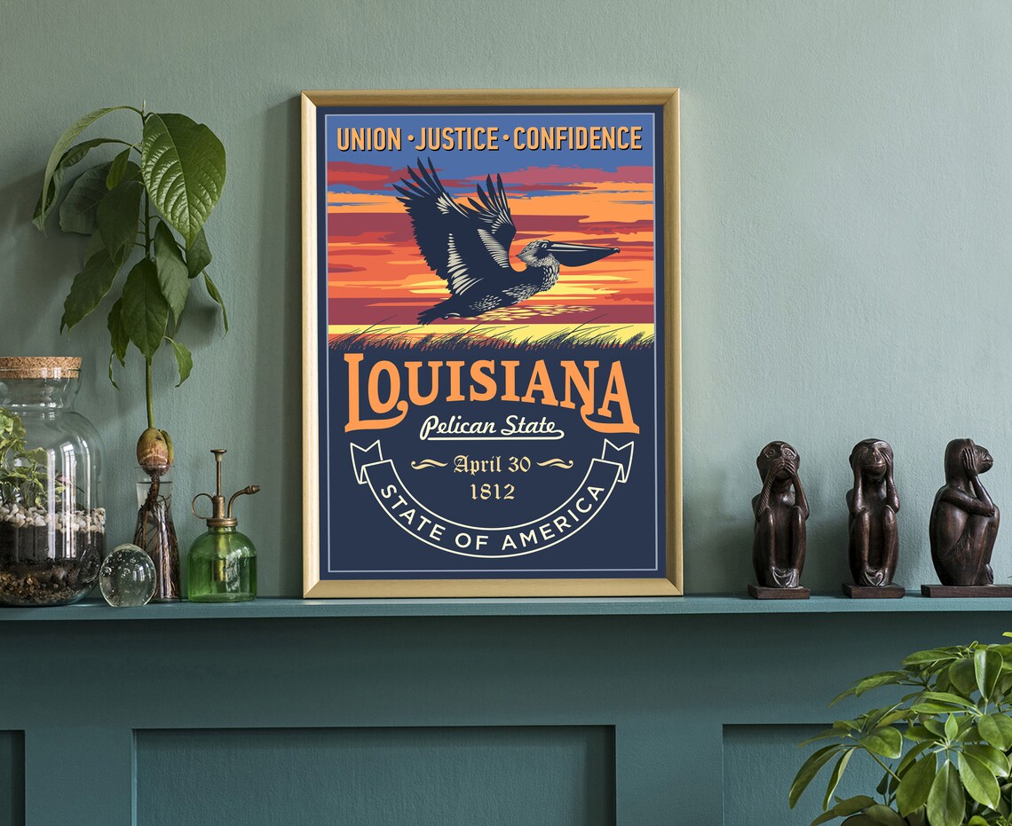 Louisiana Pelican State Retro Sunset State Emblem Travel Poster - Image 3