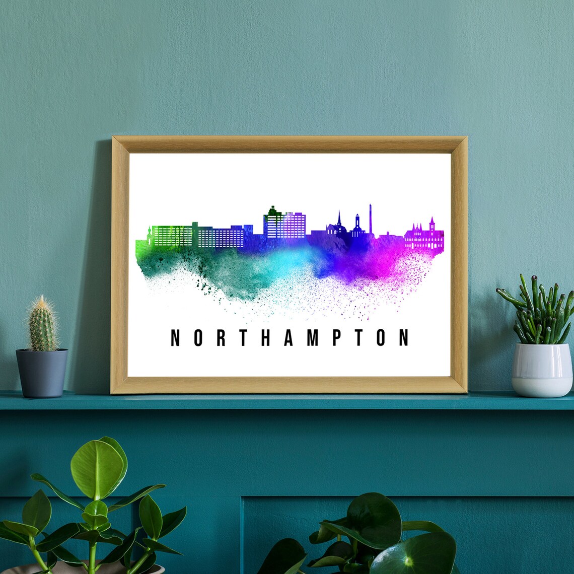 Northampton England Watercolor Rainbow Skyline Modern City Art Poster - Image 3