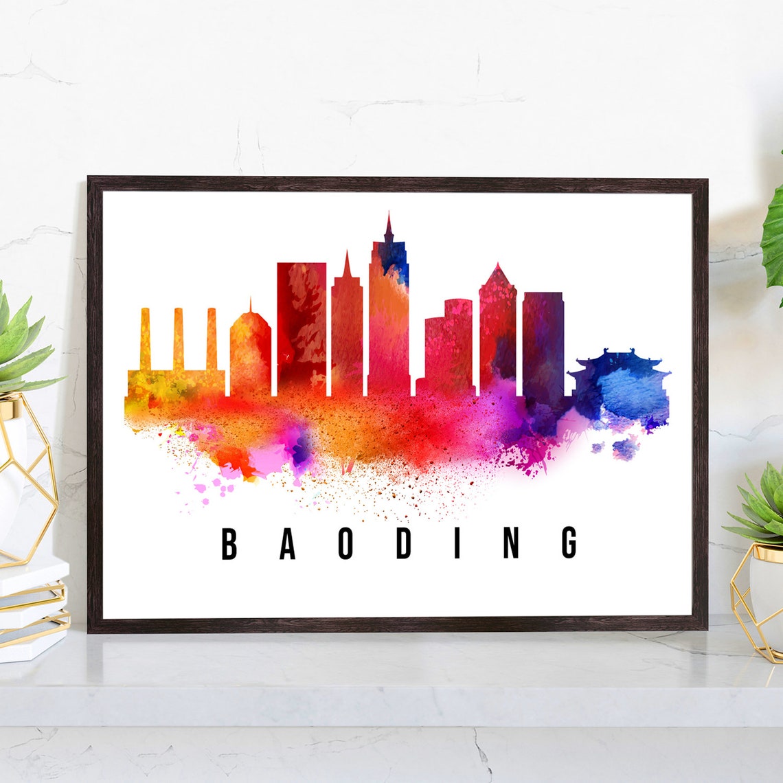 Baoding China Watercolor Skyline Rainbow Landmark City Travel Poster