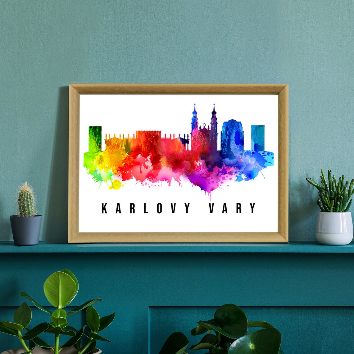 Karlovy Vary Czech Republic Rainbow Watercolor Skyline Art Poster - Image 3