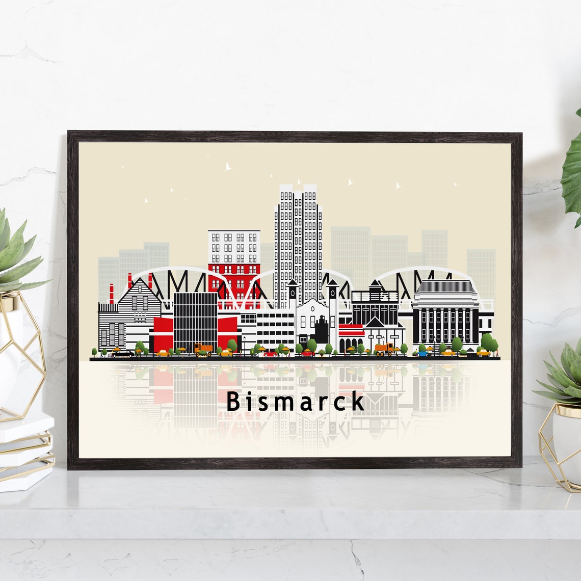 Bismarck North Dakota Skyline Bridges Vector Illustration City Poster