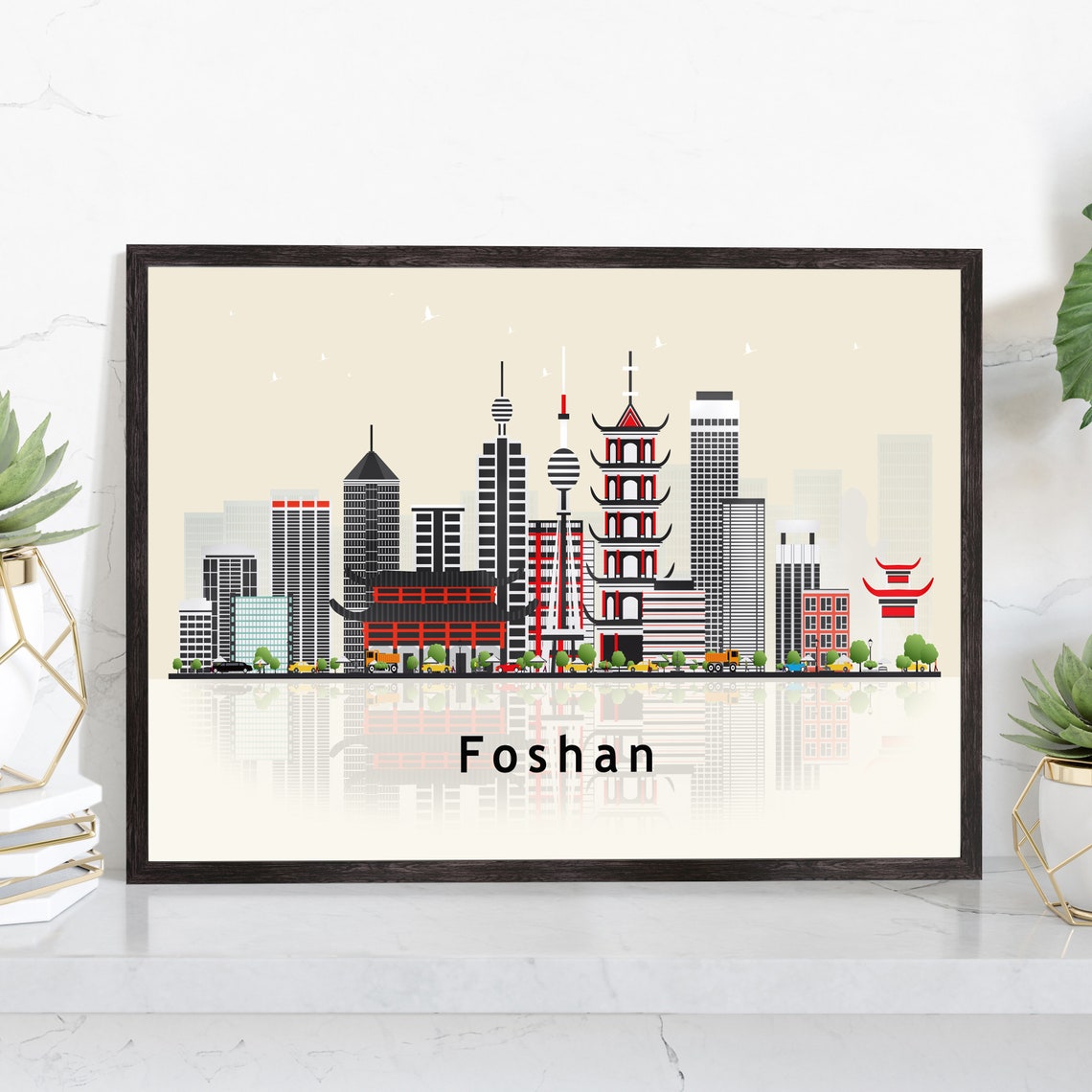 Foshan China Modern Skyline Illustration Landmarks Travel Poster