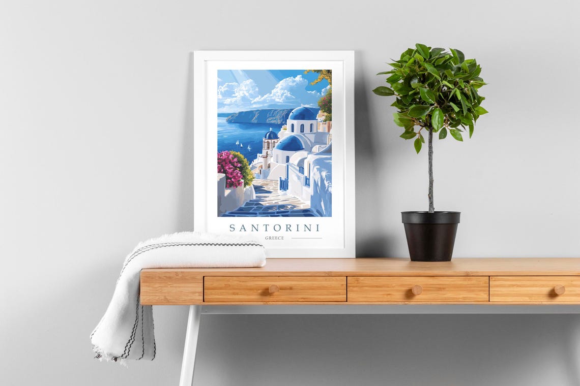 Santorini Greece Blue Domed Churches Over the Aegean Sea Poster - Image 2