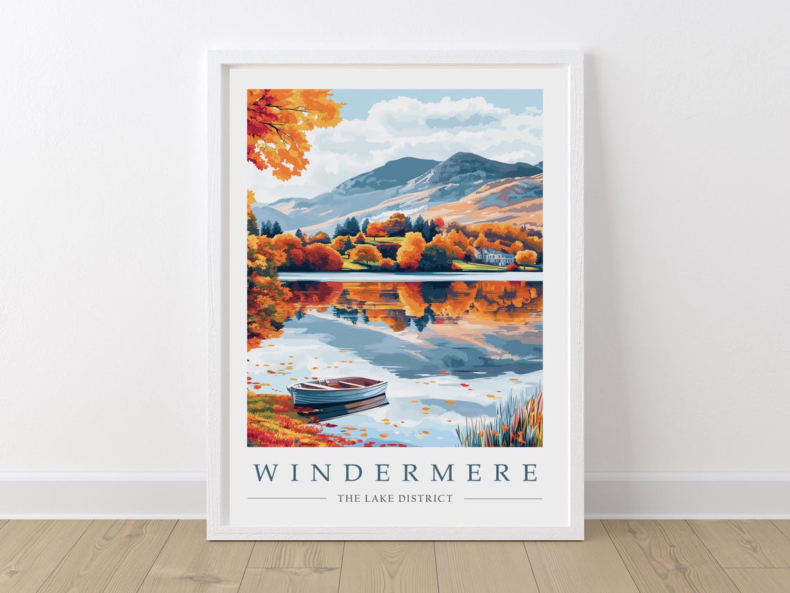 Windermere Lake District Autumn Lakeside with a Wooden Rowboat Poster - Image 2