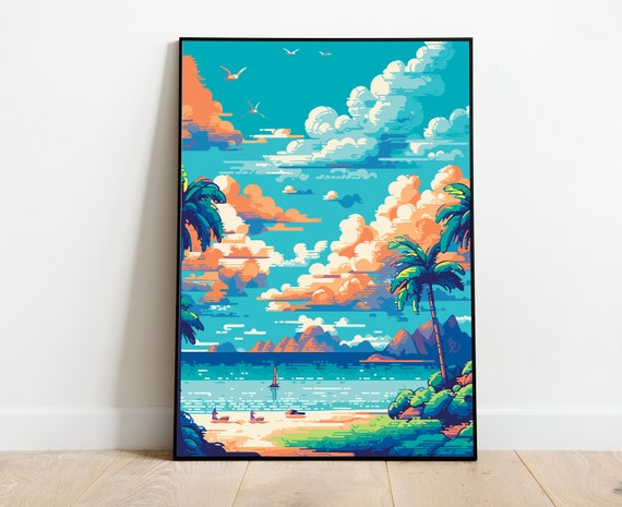 Caribbean Beach Pixel Art Print Tropical Island Paradise Decor